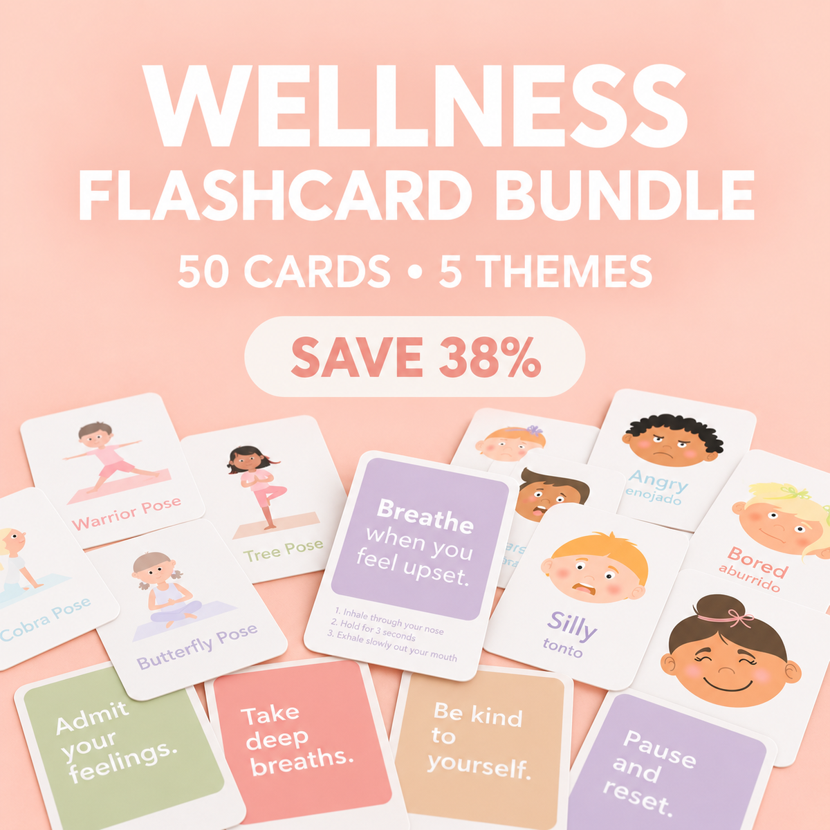 Feelings & Mindfulness Cards for Kids – 50-Card Wellness Bundle